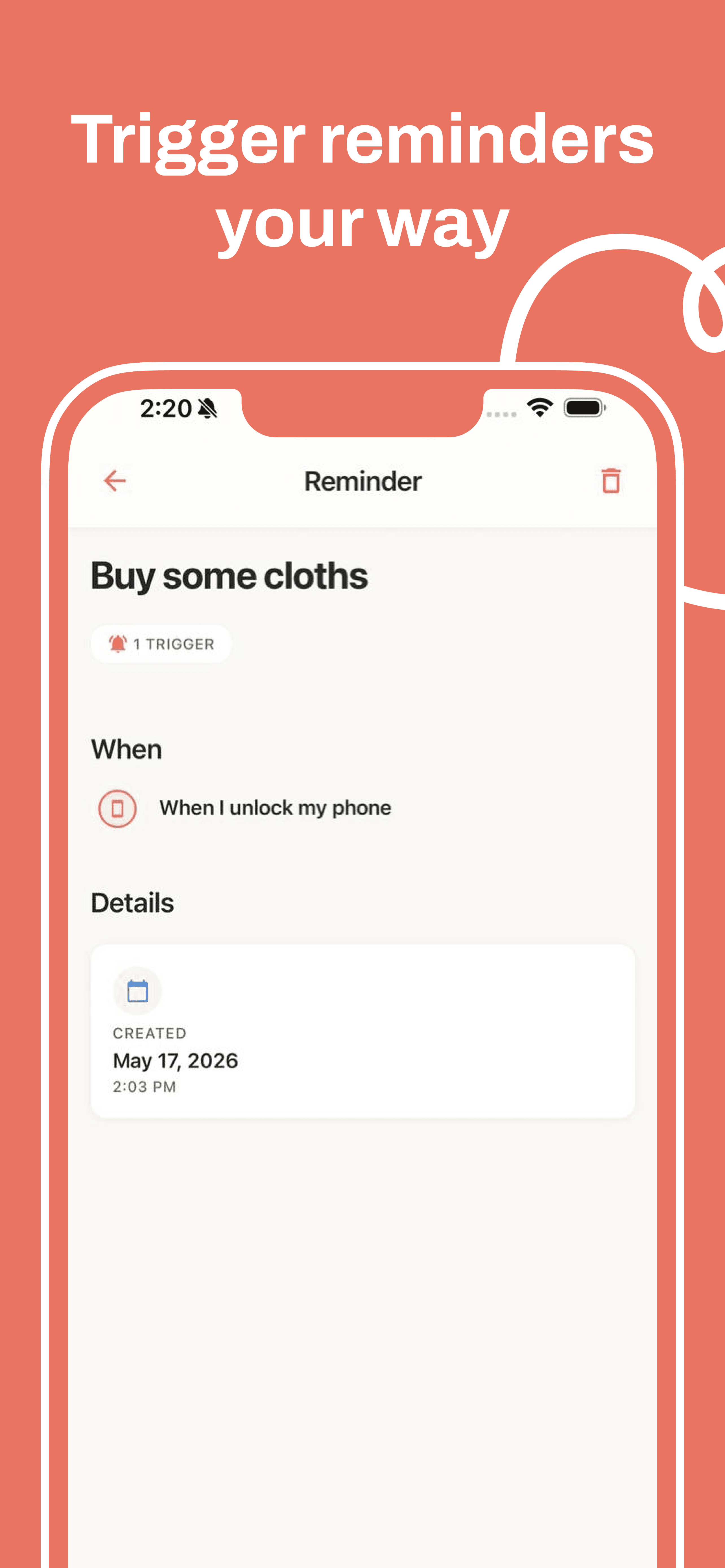 Until reminder detail with a custom trigger when you unlock your phone