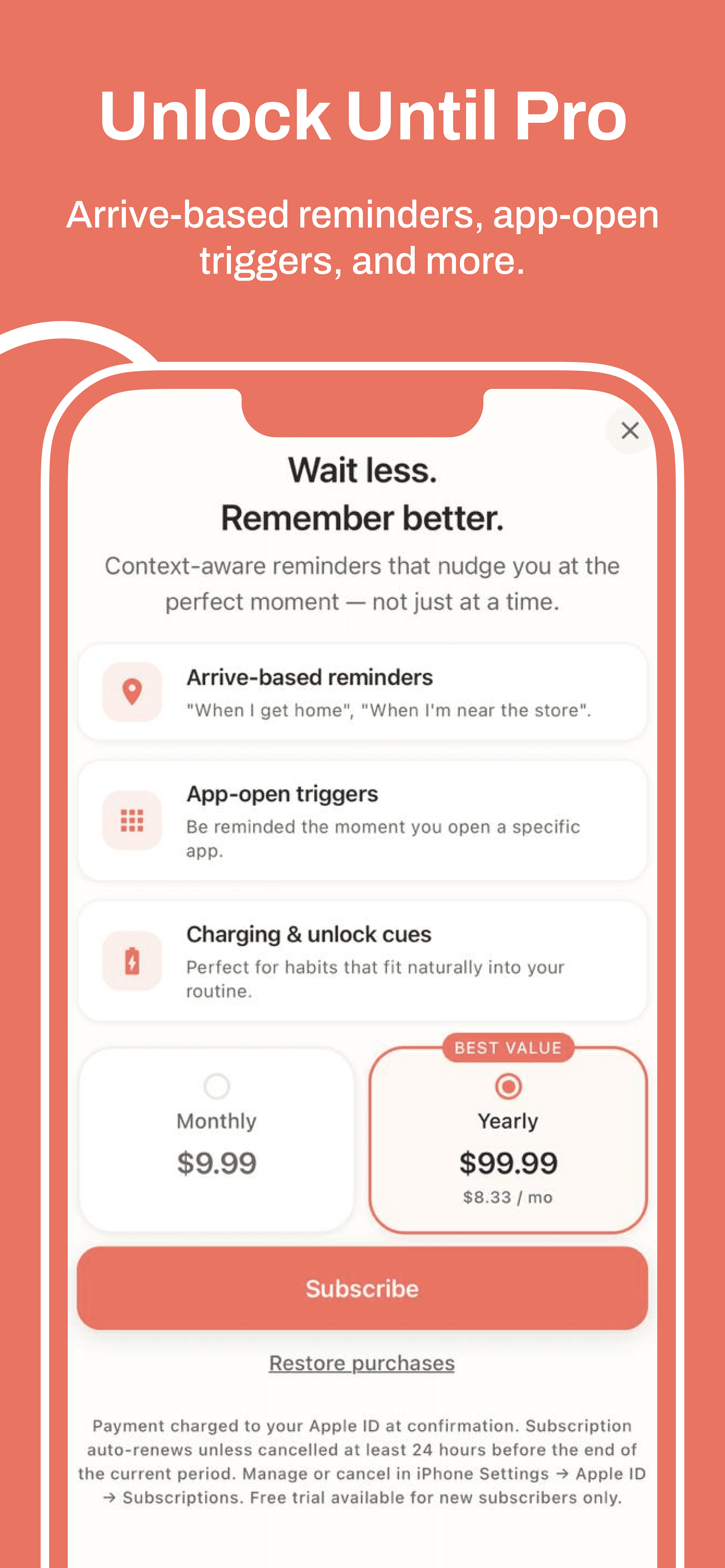 Until Pro subscription screen with arrive-based and app-open triggers